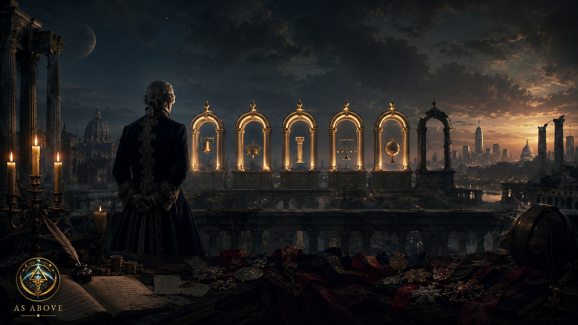 Saint-Germain in an eighteenth century coat looking out over five glowing golden arches, each holding a symbol of a passing regime, with classical ruins and a modern skyline beyond